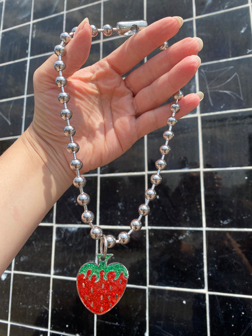 Glitter Strawberry Ball Chain Necklace